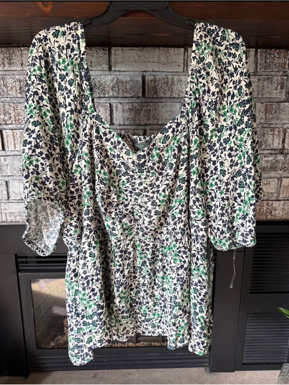 Floral Scoop Neck Blouse with Navy & Green Print